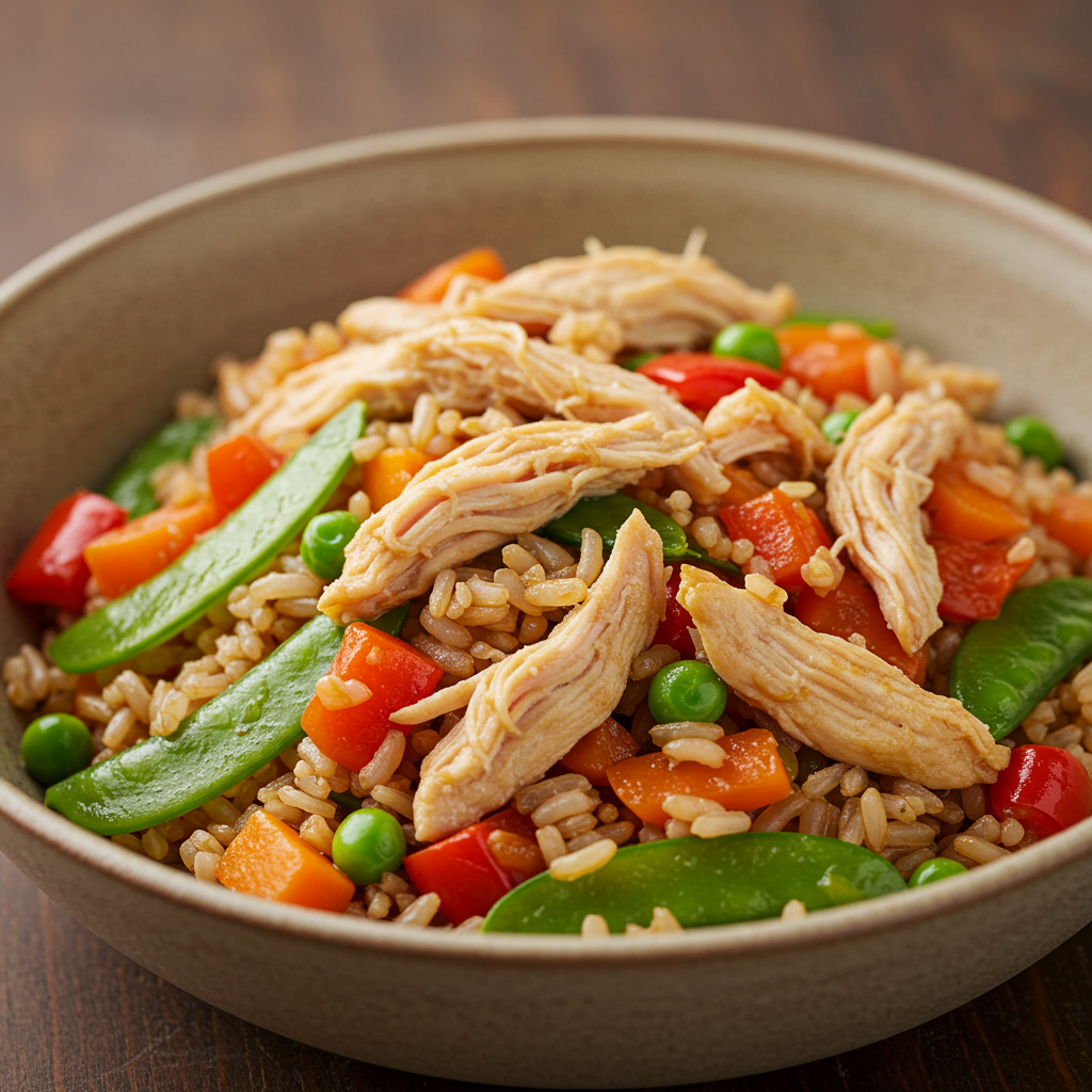 Arroz Integral con Pollo Deshebrado y Verduras